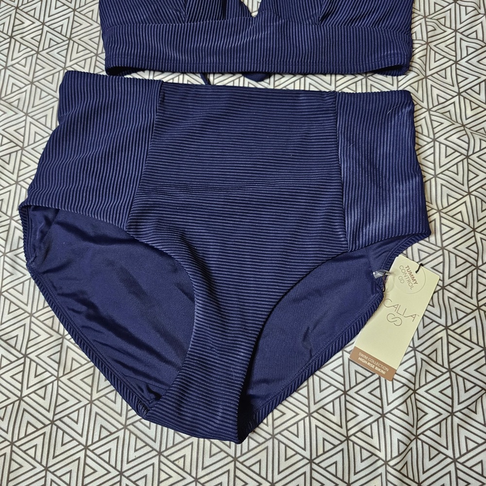 CALIA Womens Opulent Blue Rib High Rise Bikini Set Tummy Control Size M NEW - Picture 2 of 10